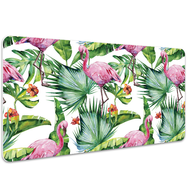Schreibtischunterlage Blätter und Flamingos.