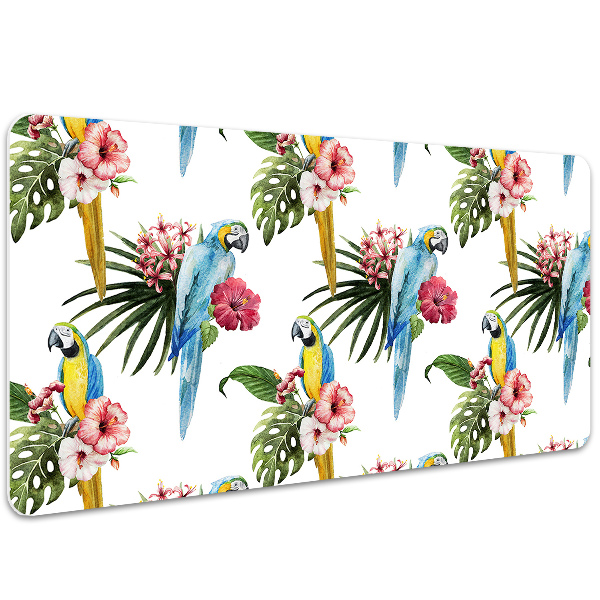 Schreibtisch Unterlegmatte Papageien und Blumen.
