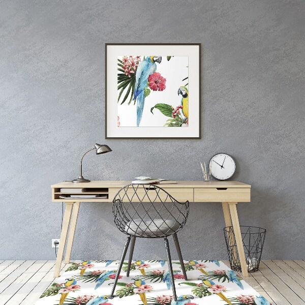 Bürostuhlunterlage Papageien und Blumen.